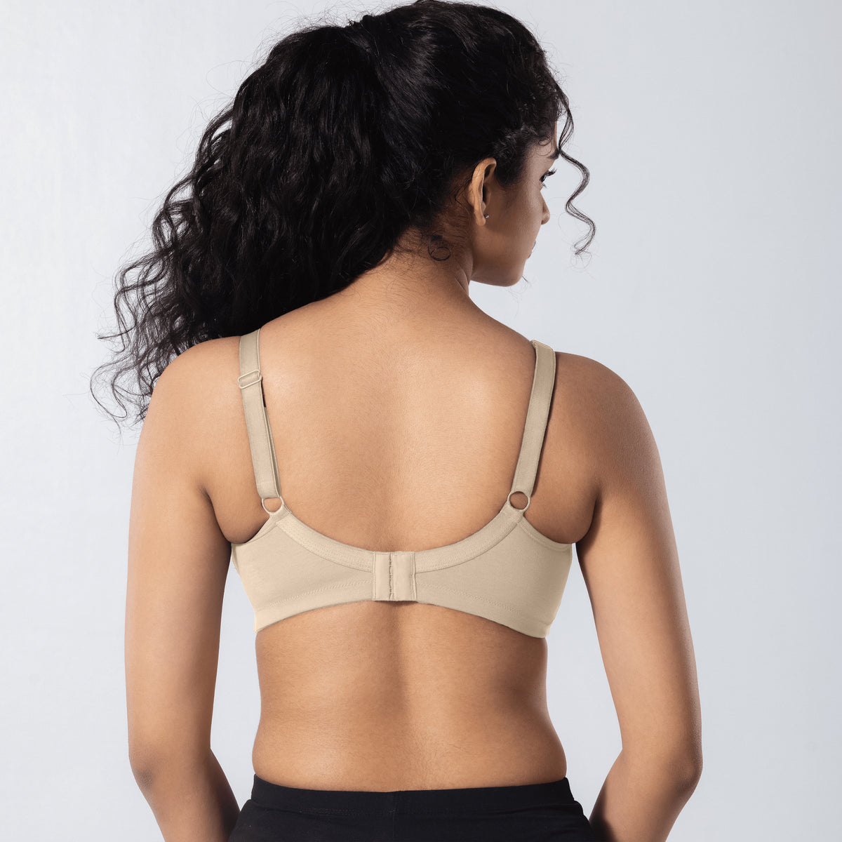 LadyO Clara Plus Size Bra in Chiku, back view worn by model.