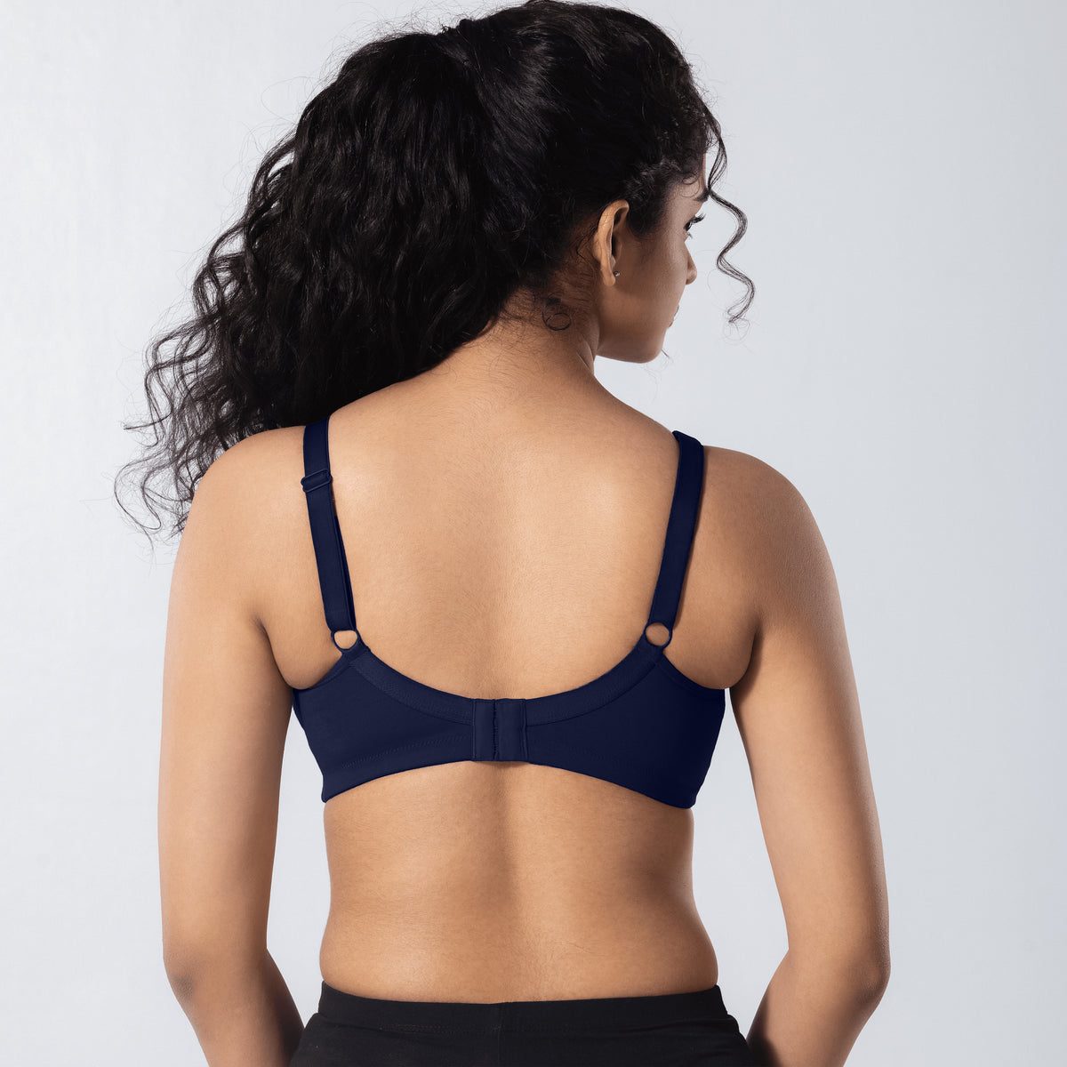 LadyO Clara Plus Size Bra in Navy, back view worn by model.