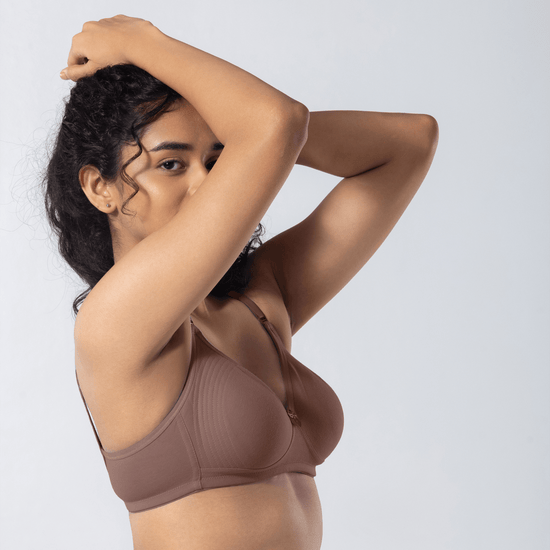 Emika-C Plus Bra in Cadbury, detailed shot worn by model.