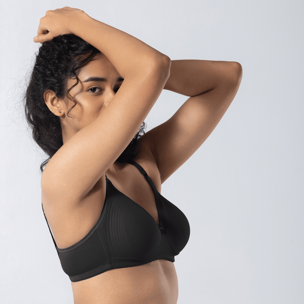 Emika-C Plus Bra in DK Grey, detailed shot worn by model.