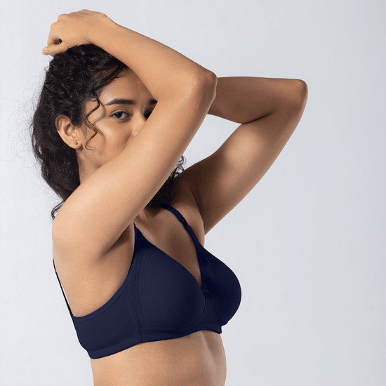Emika-C Plus Bra in Navy, detailed shot worn by model.