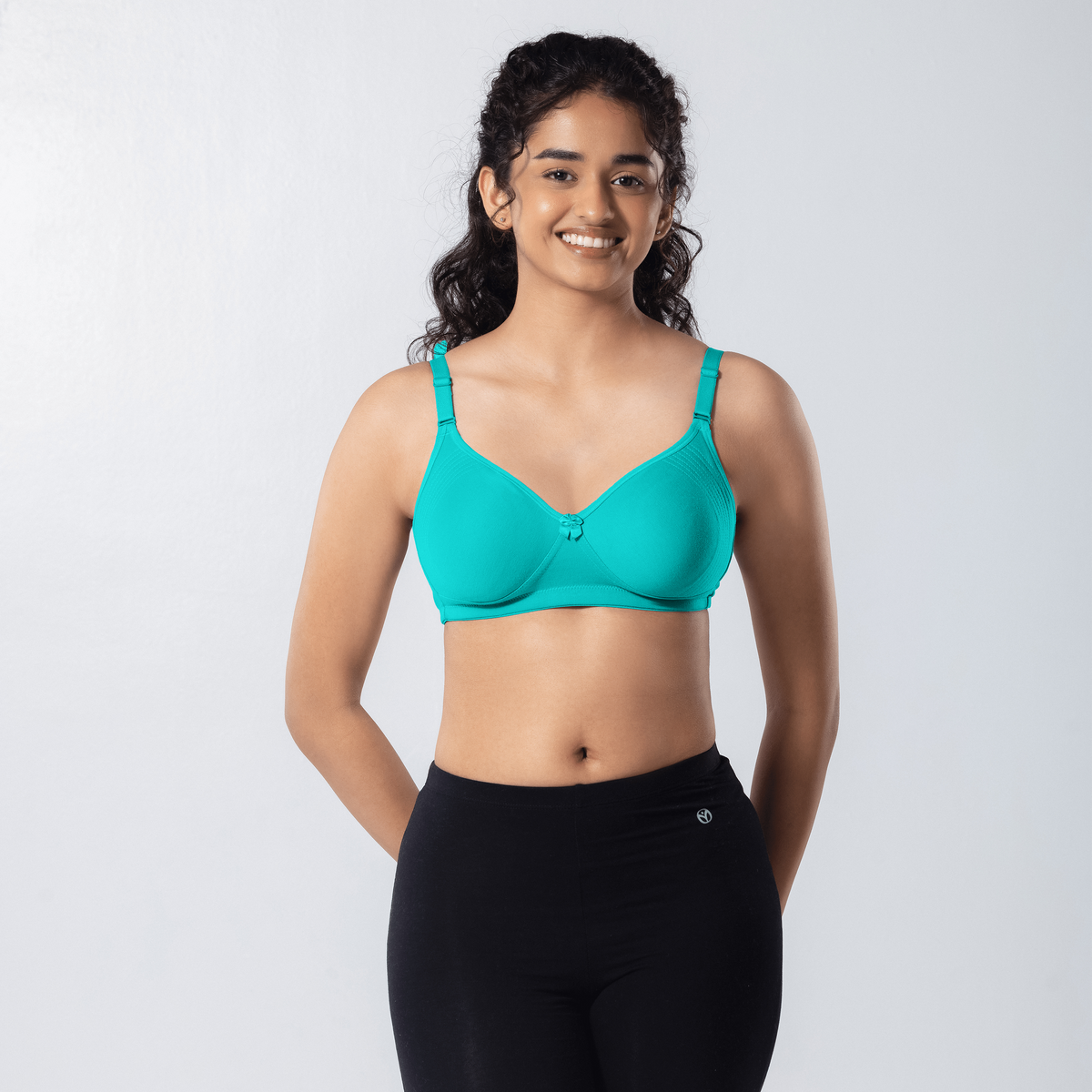 Emika-C Plus Bra in Pastel Green, front view worn by model.