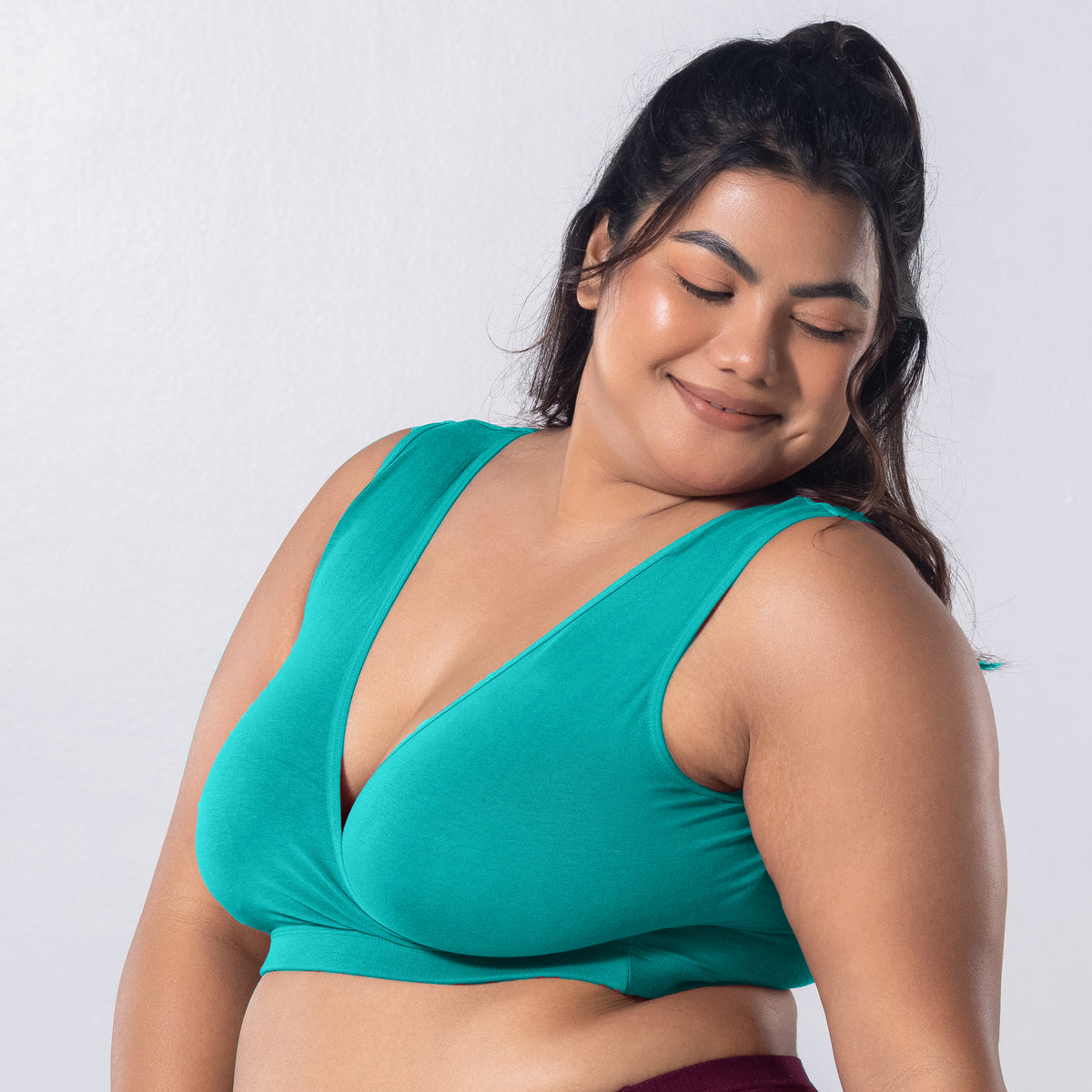 Sleeping Bra in Pastel Green, three-quarter view worn by model.