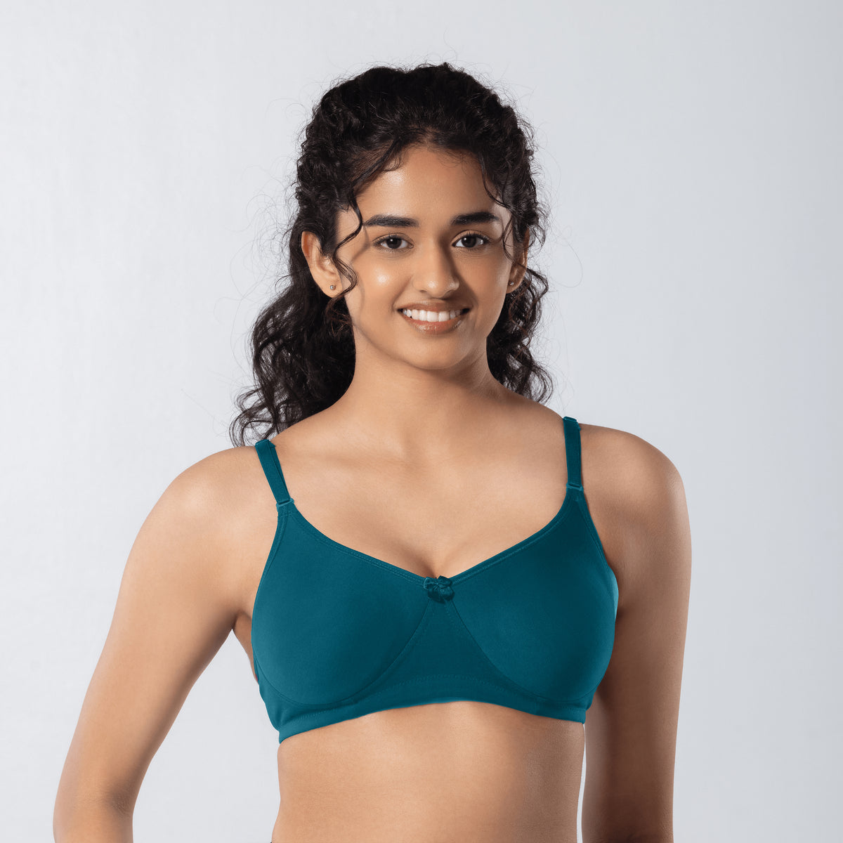 Mabel Soft Padded Bra in Misty Blue front view worn by model.