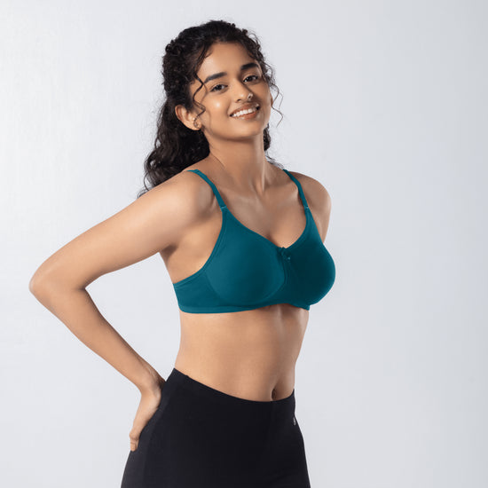 Mabel Soft Padded Bra in Misty Blue side-front view worn by model.