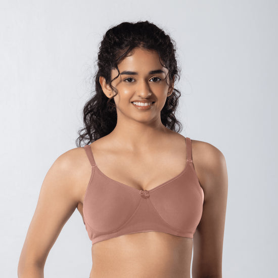 Mabel Soft Padded Bra in Misty Rose front view worn by model.