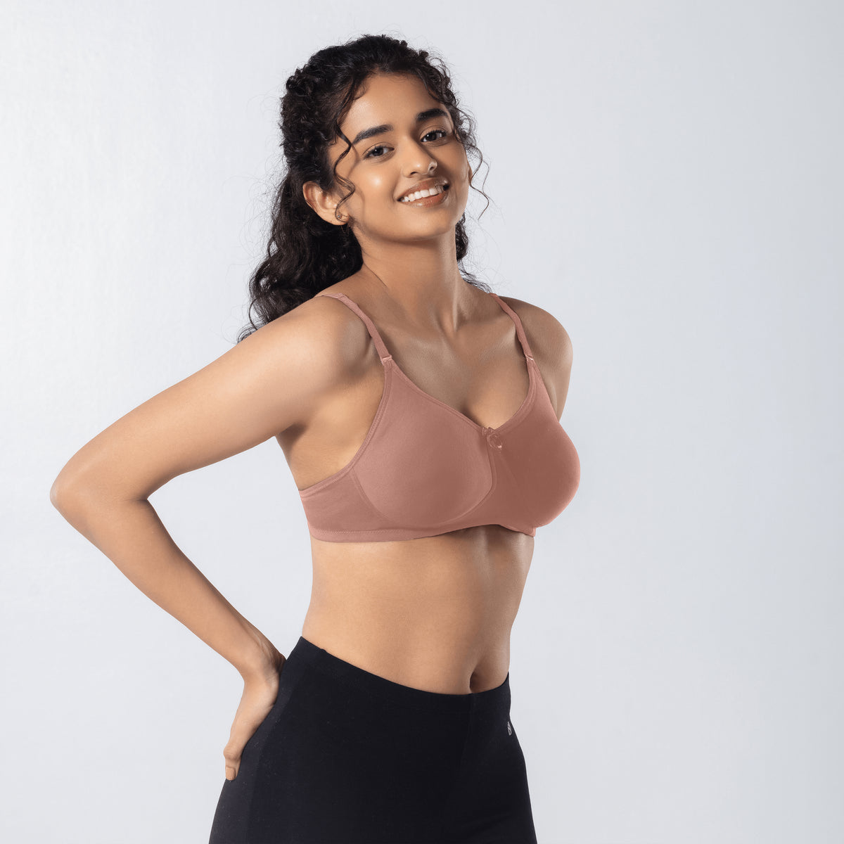 Mabel Soft Padded Bra in Misty Rose side-front view worn by model.