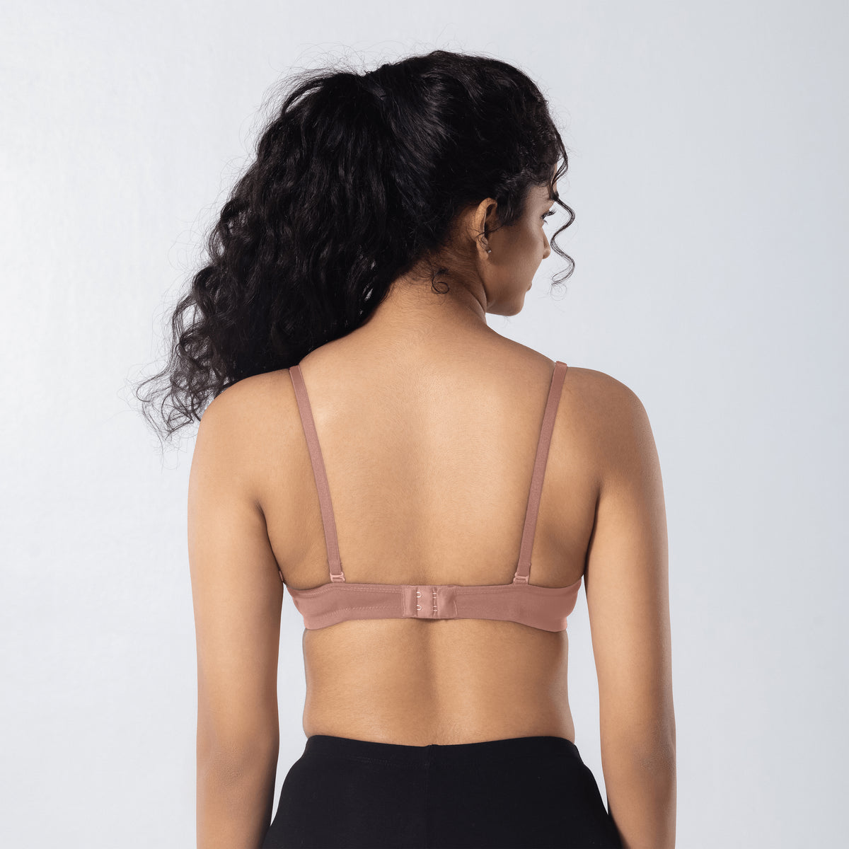 Mabel Soft Padded Bra in Misty Rose back view worn by model.
