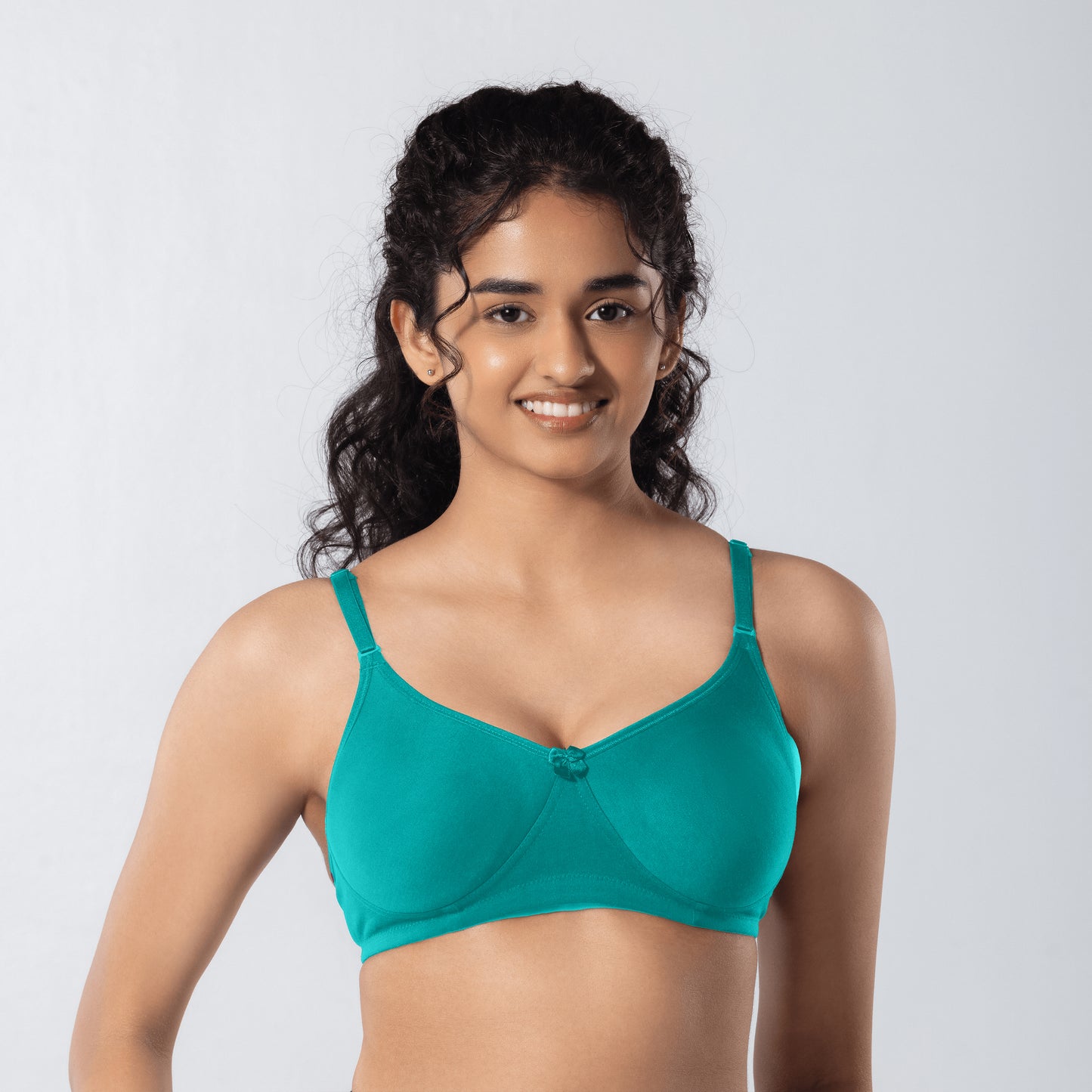 Mabel Soft Padded Bra in Pastel Green front view worn by model.