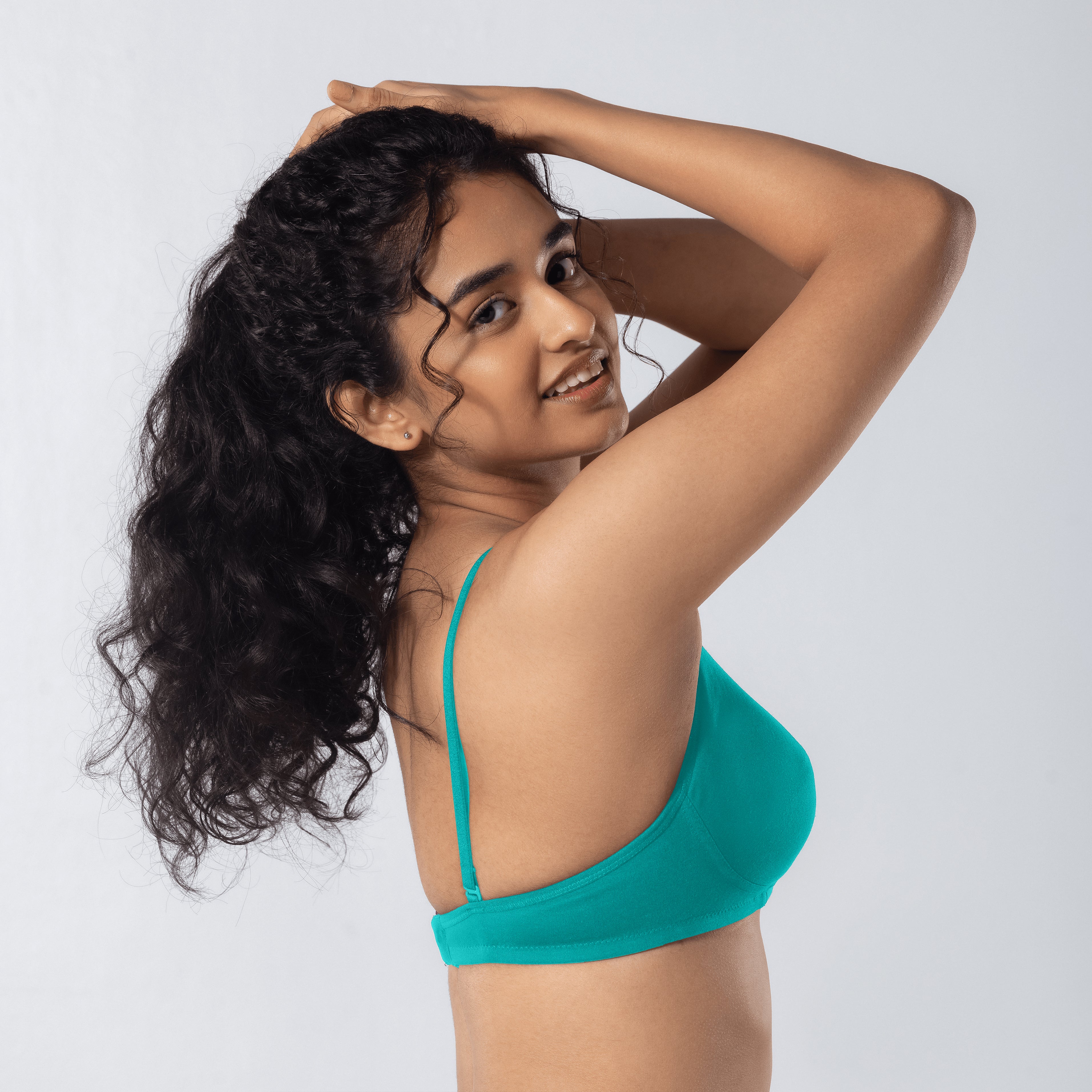 Mabel Soft Padded Bra in Pastel Green side-back view worn by model.