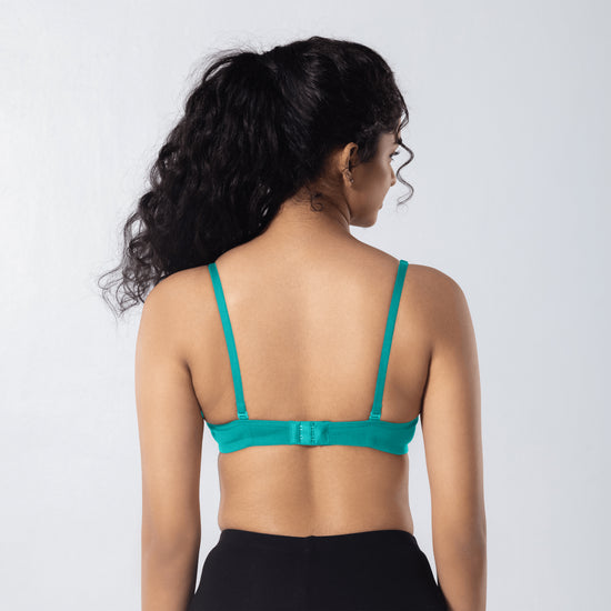 Mabel Soft Padded Bra in Pastel Green back view worn by model.