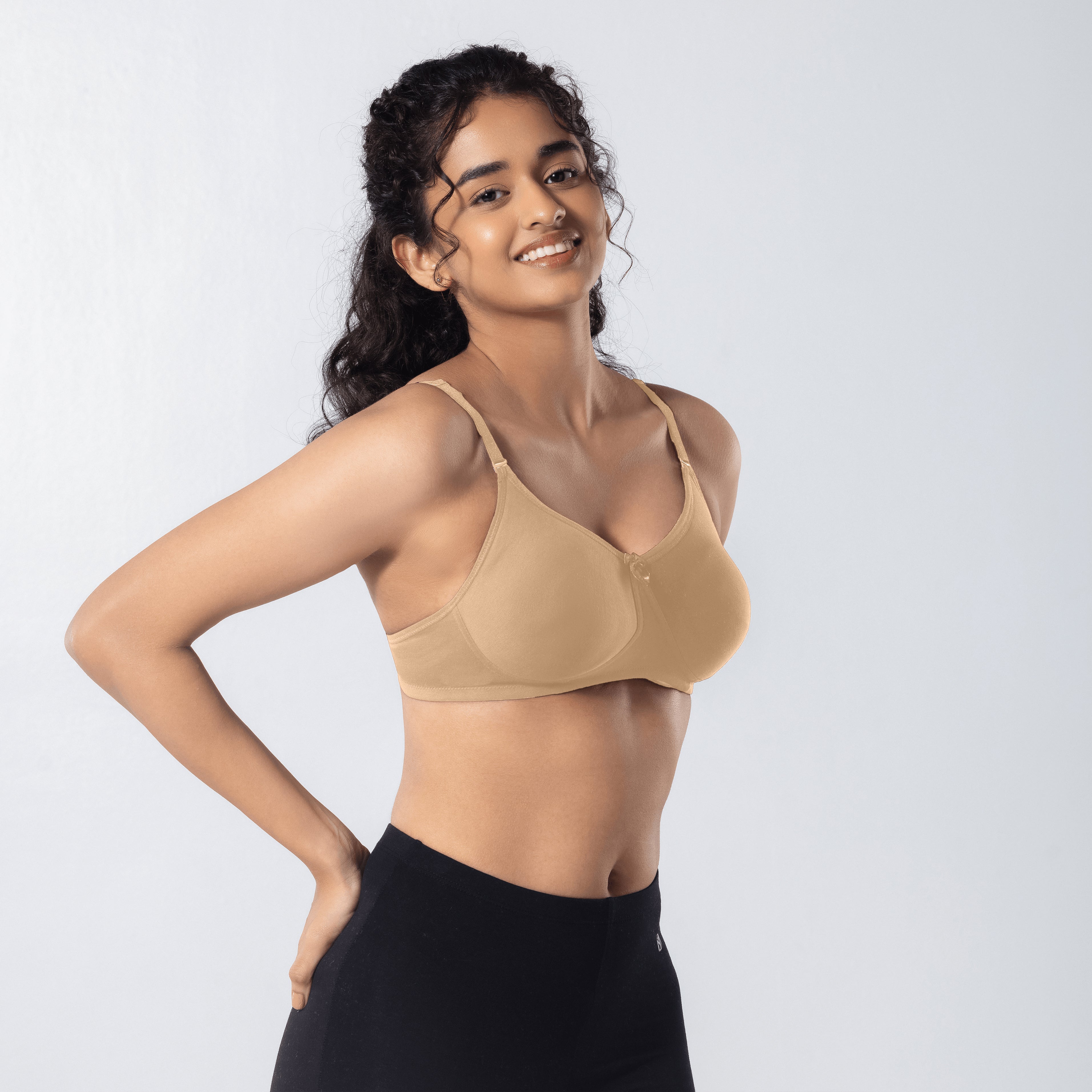 Mabel Soft Padded Bra in Skin side-front view worn by model.