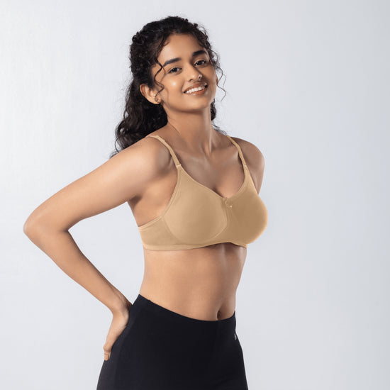 Mabel Soft Padded Bra in Skin side-front view worn by model.