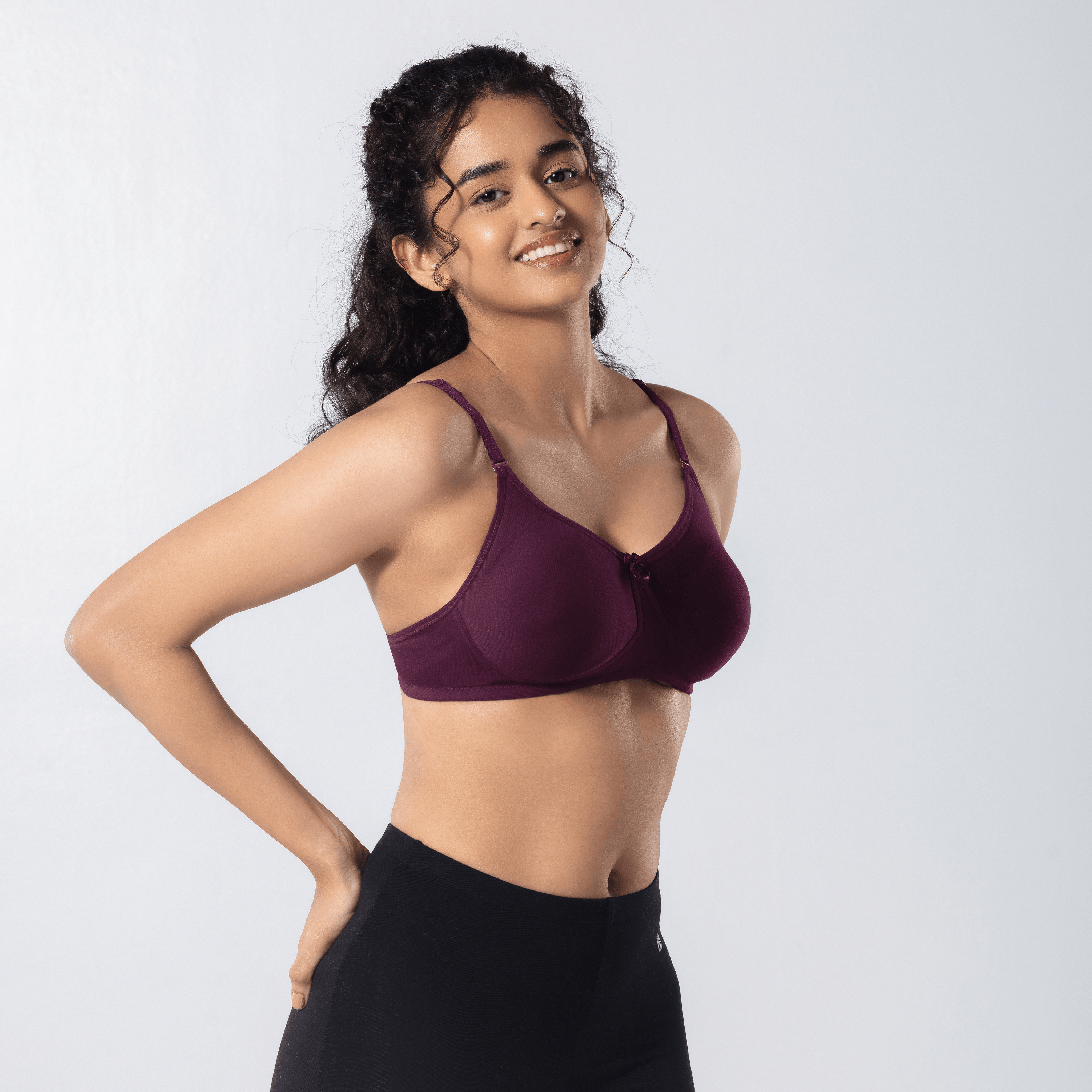 Mabel Soft Padded Bra in Wine side-front view worn by model.