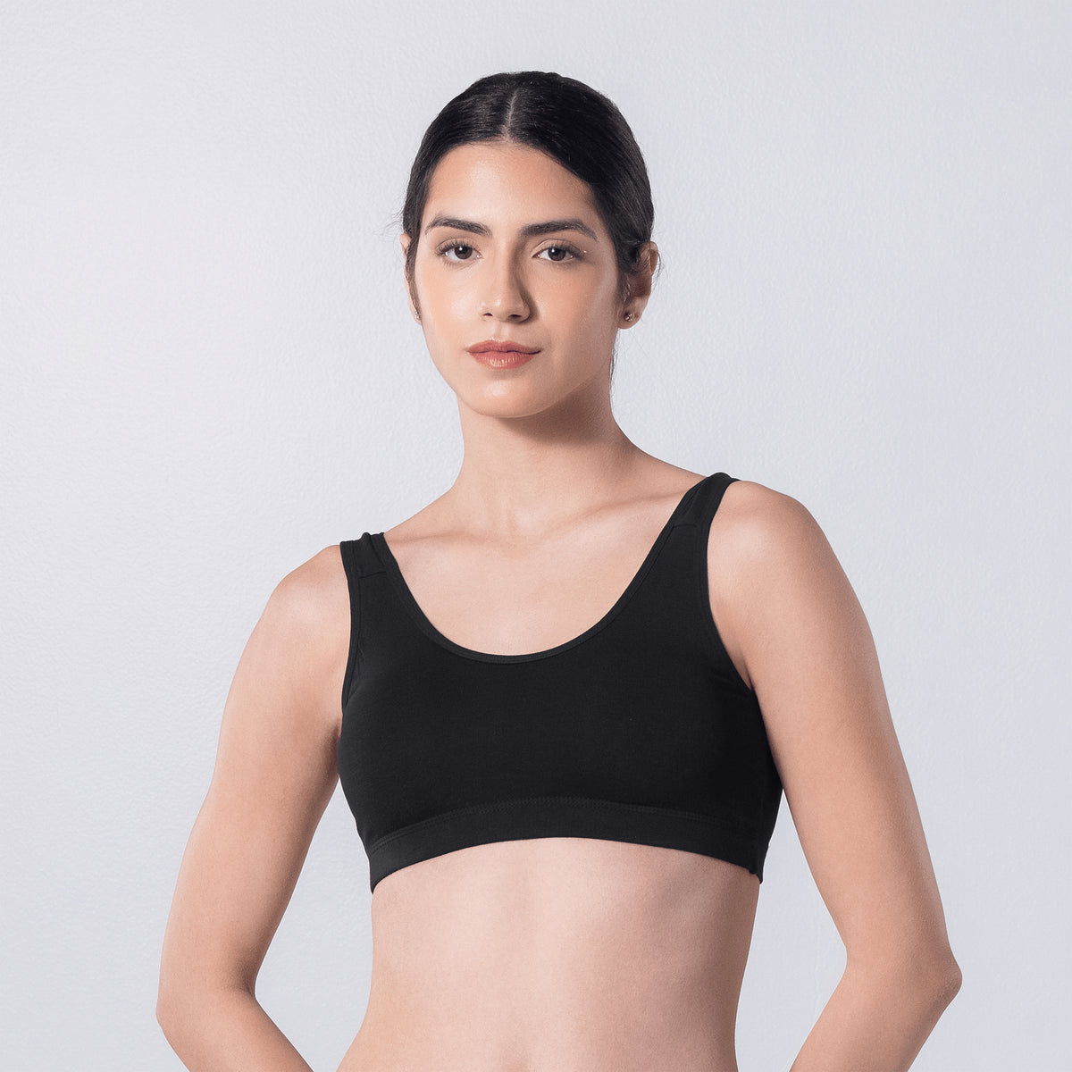 LadyO Hazel Sports Padded Bra in Black, front view worn by model.