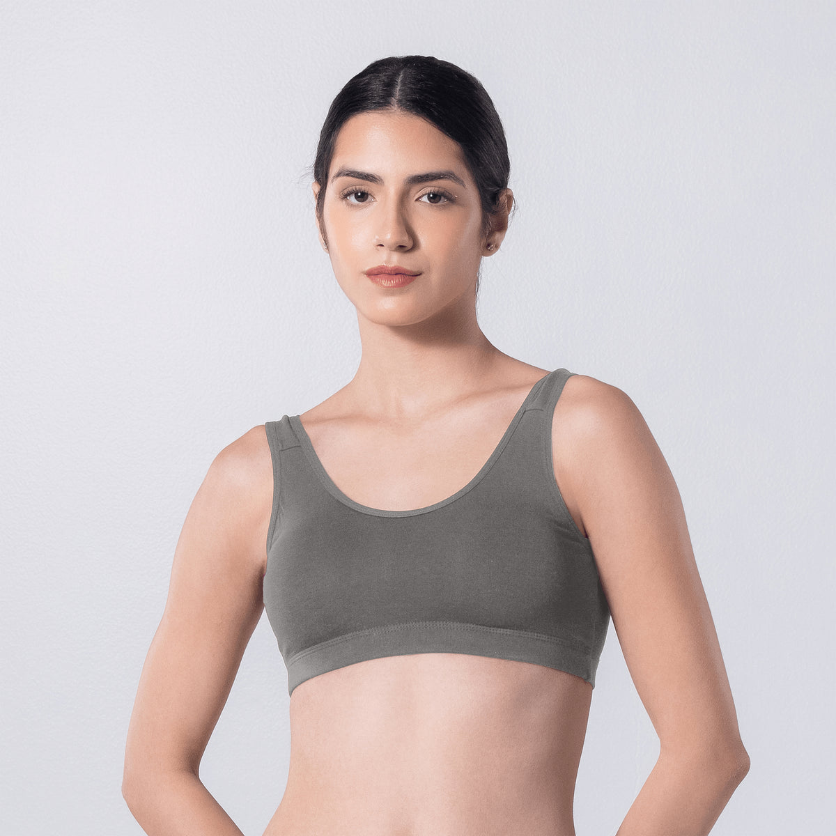 LadyO Hazel Sports Padded Bra in Grey, front view worn by model.