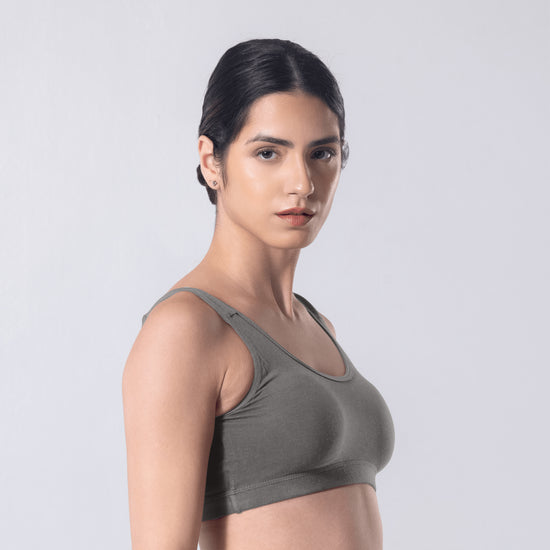 LadyO Hazel Sports Padded Bra in Grey, side view worn by model.
