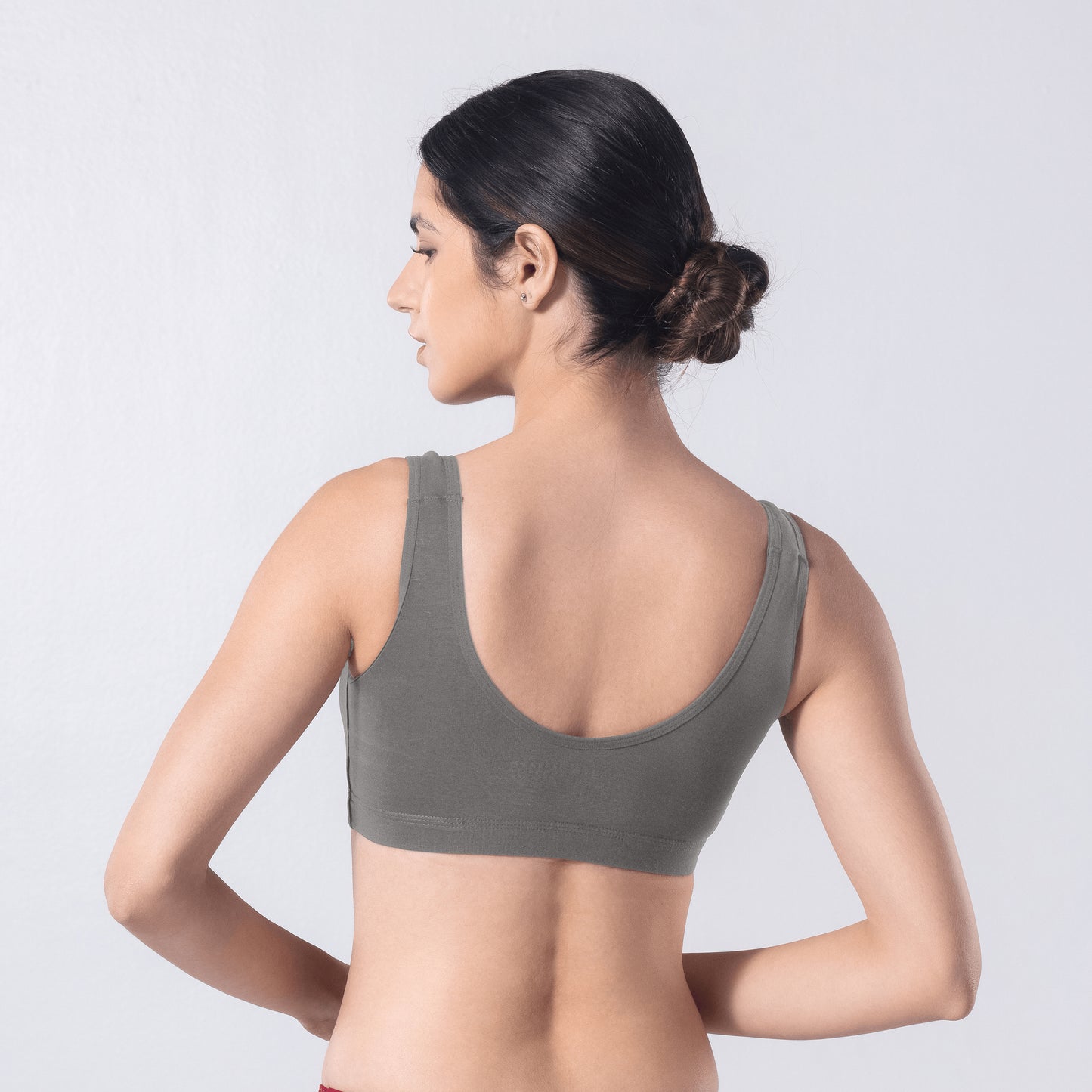 LadyO Hazel Sports Padded Bra in Grey, back view worn by model.