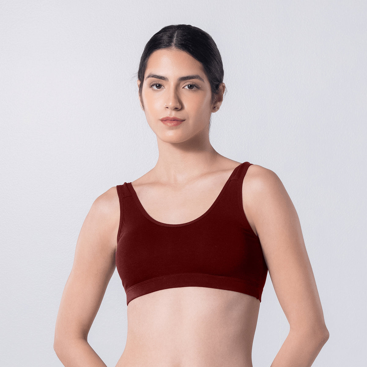 LadyO Hazel Sports Padded Bra in Maroon, front view worn by model.