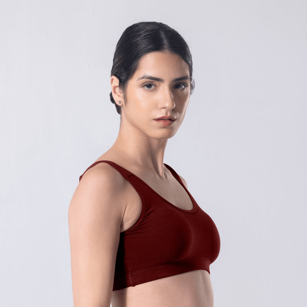 LadyO Hazel Sports Padded Bra in Maroon, side view worn by model.