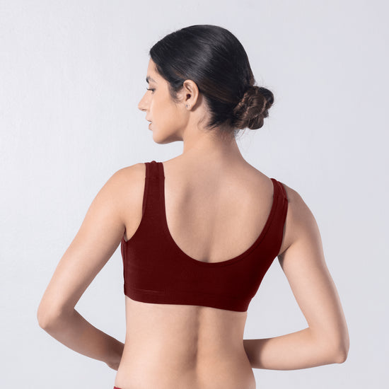 LadyO Hazel Sports Padded Bra in Maroon, back view worn by model.