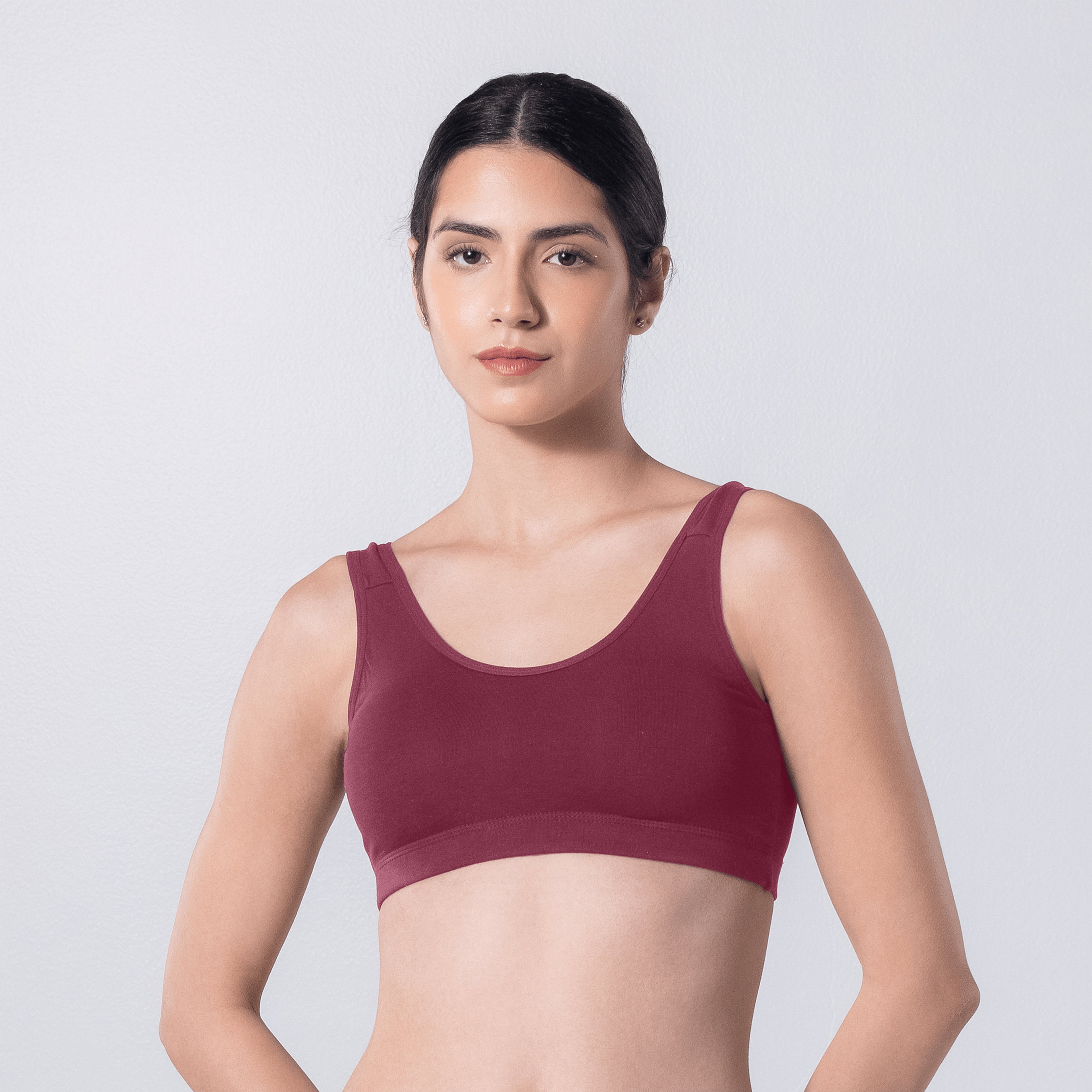 LadyO Hazel Sports Padded Bra in Onion, front view worn by model.