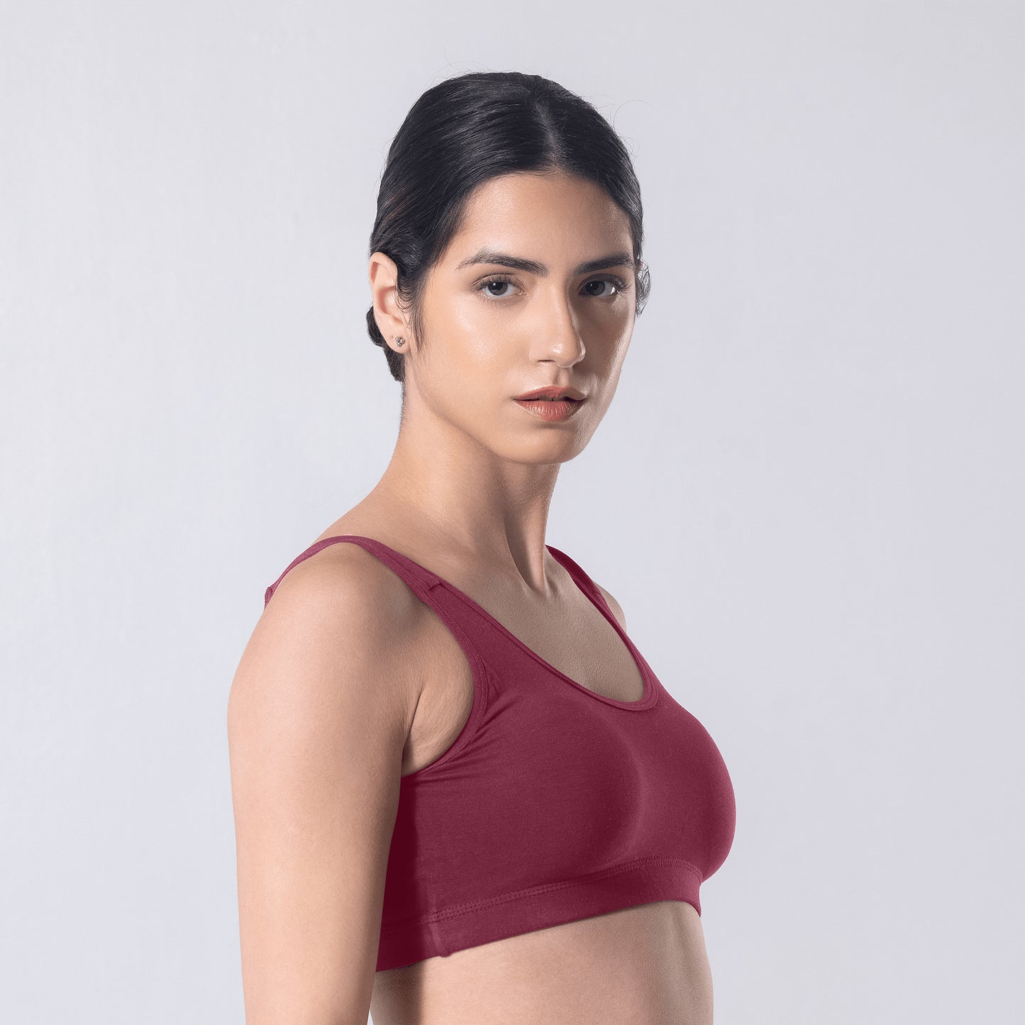 LadyO Hazel Sports Padded Bra in Onion, side view worn by model.