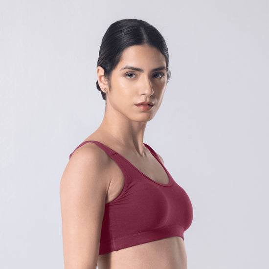 LadyO Hazel Sports Padded Bra in Onion, side view worn by model.