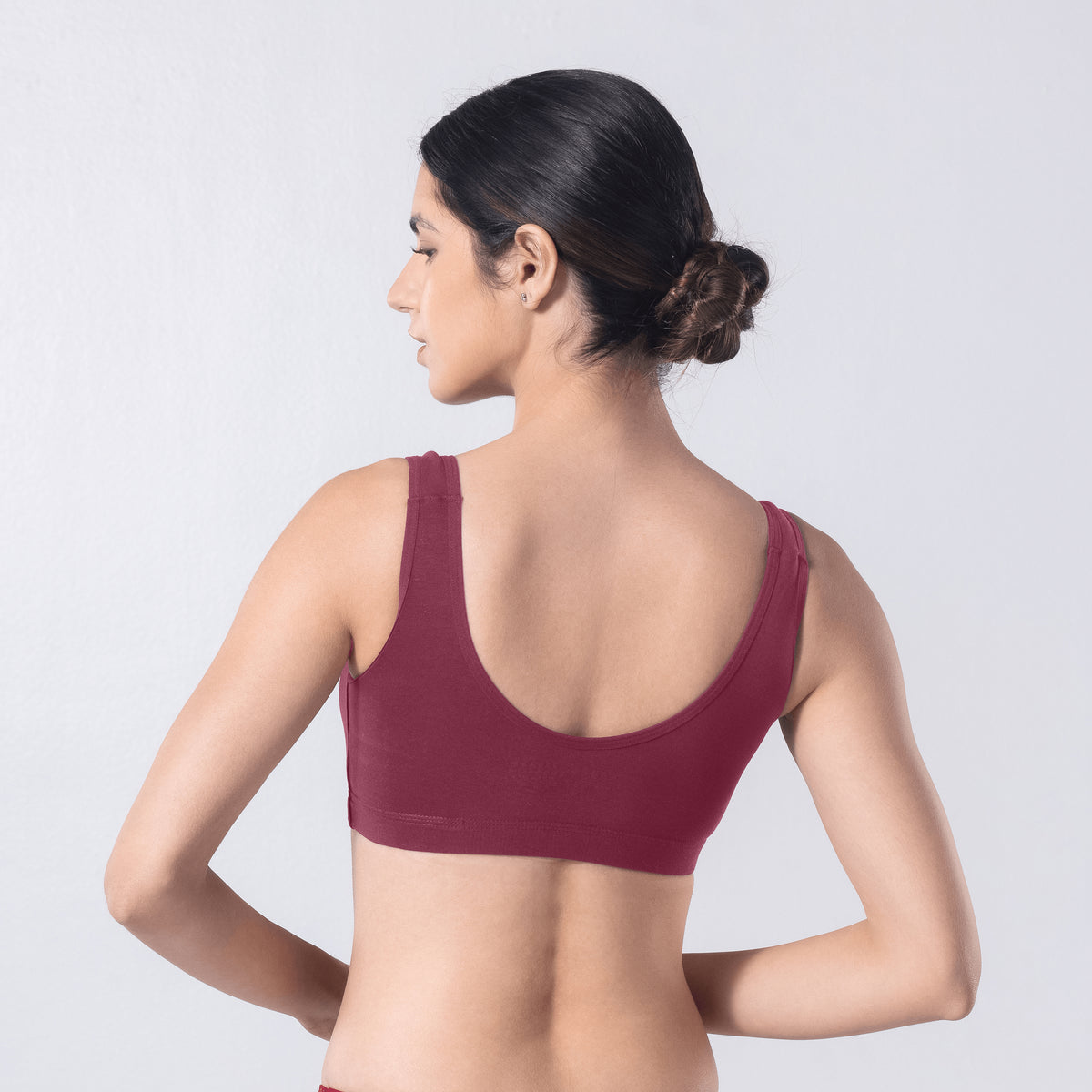 LadyO Hazel Sports Padded Bra in Onion, back view worn by model.
