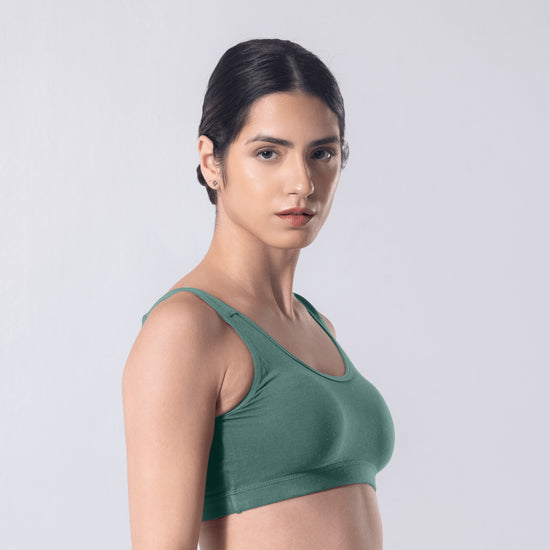 LadyO Hazel Sports Padded Bra in Pastel Green, side view worn by model.
