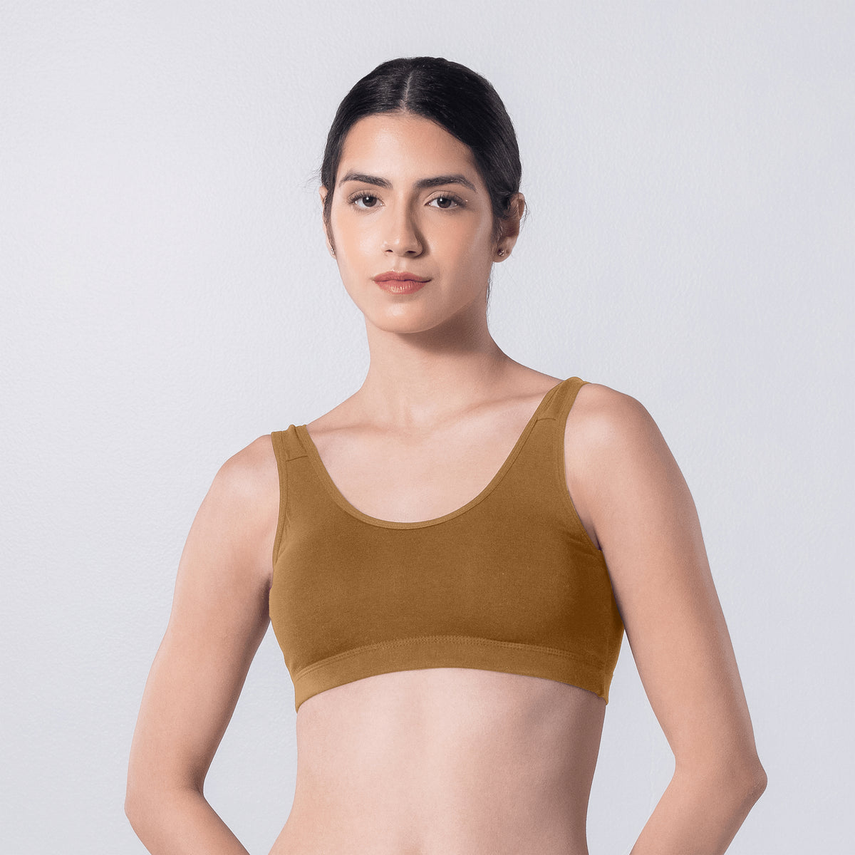 LadyO Hazel Sports Padded Bra in Skin, front view worn by model.