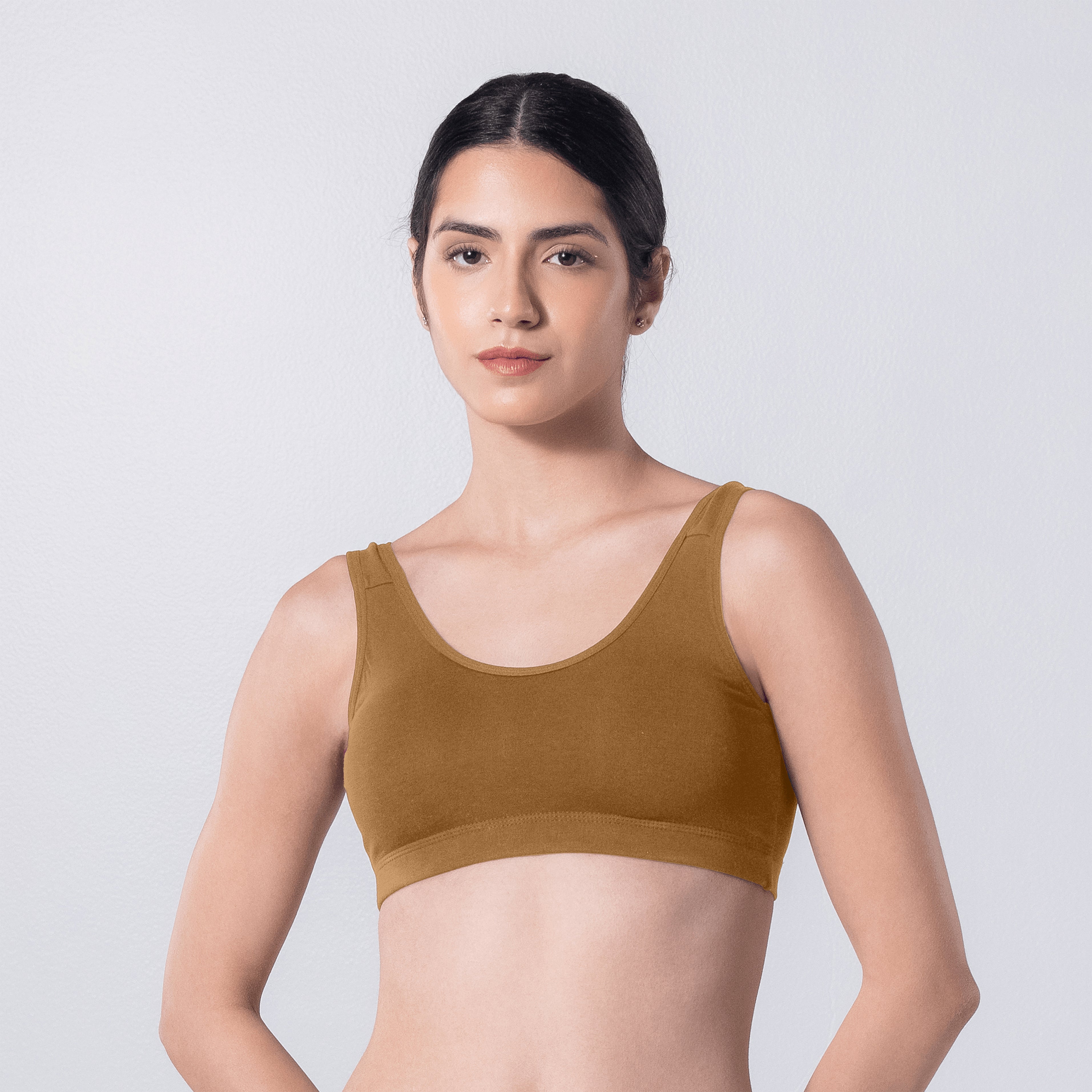 LadyO Hazel Sports Padded Bra in Skin, front view worn by model.