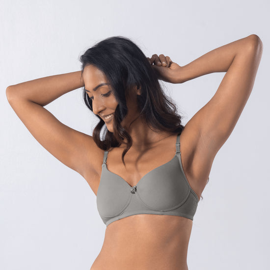 LadyO Stella Full Padded Bra in Grey, three-quarter front view worn by model.