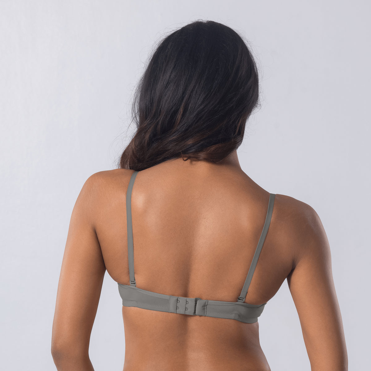 LadyO Stella Full Padded Bra in Grey, back view worn by model.
