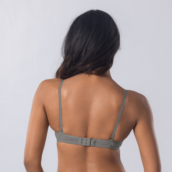 LadyO Stella Full Padded Bra in Grey, back view worn by model.