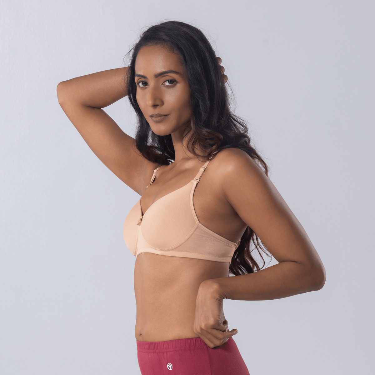 LadyO Stella Full Padded Bra in Skin, side view worn by model.