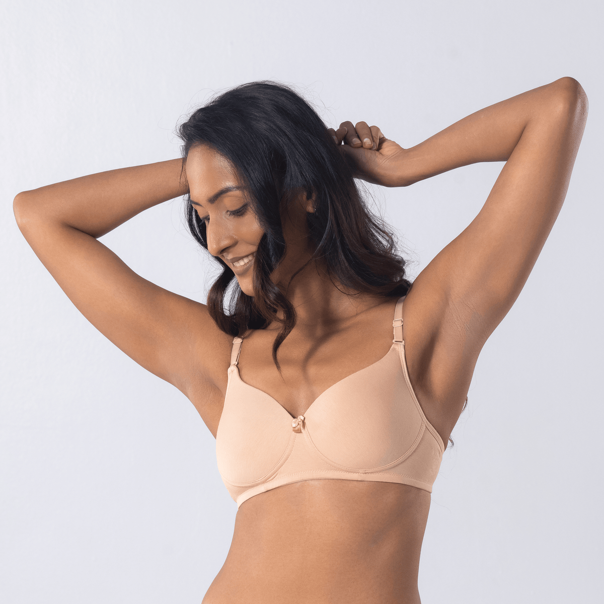 LadyO Stella Full Padded Bra in Skin, three-quarter front view worn by model.