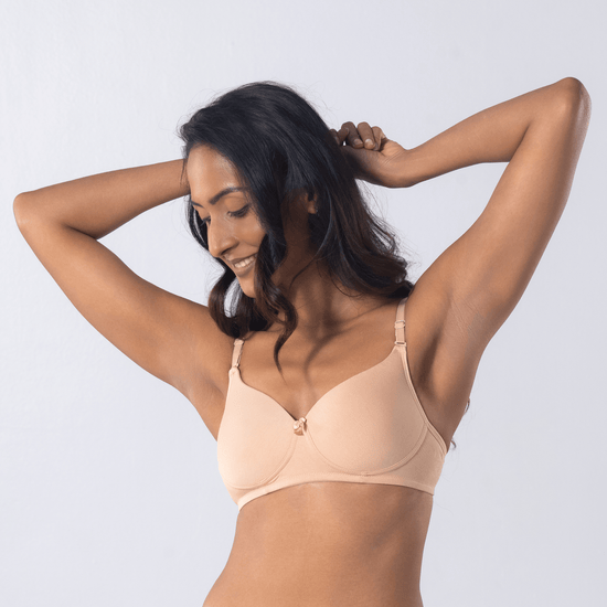 LadyO Stella Full Padded Bra in Skin, three-quarter front view worn by model.