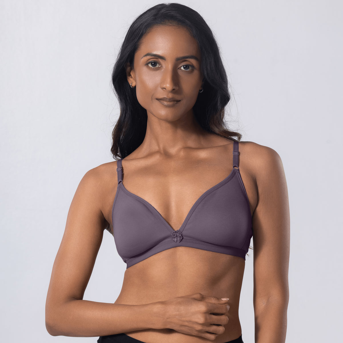 Lara Teenage/T Shirt Bra in DK Lavender, front view worn by model.