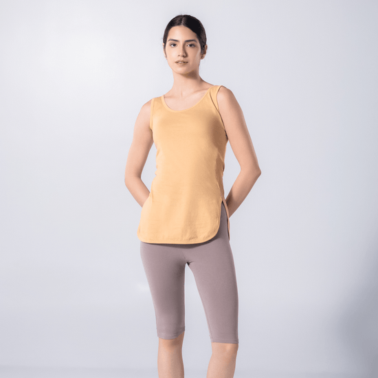 LadyO Tia Full Length Slip in skin color with side slits, front view worn by model.