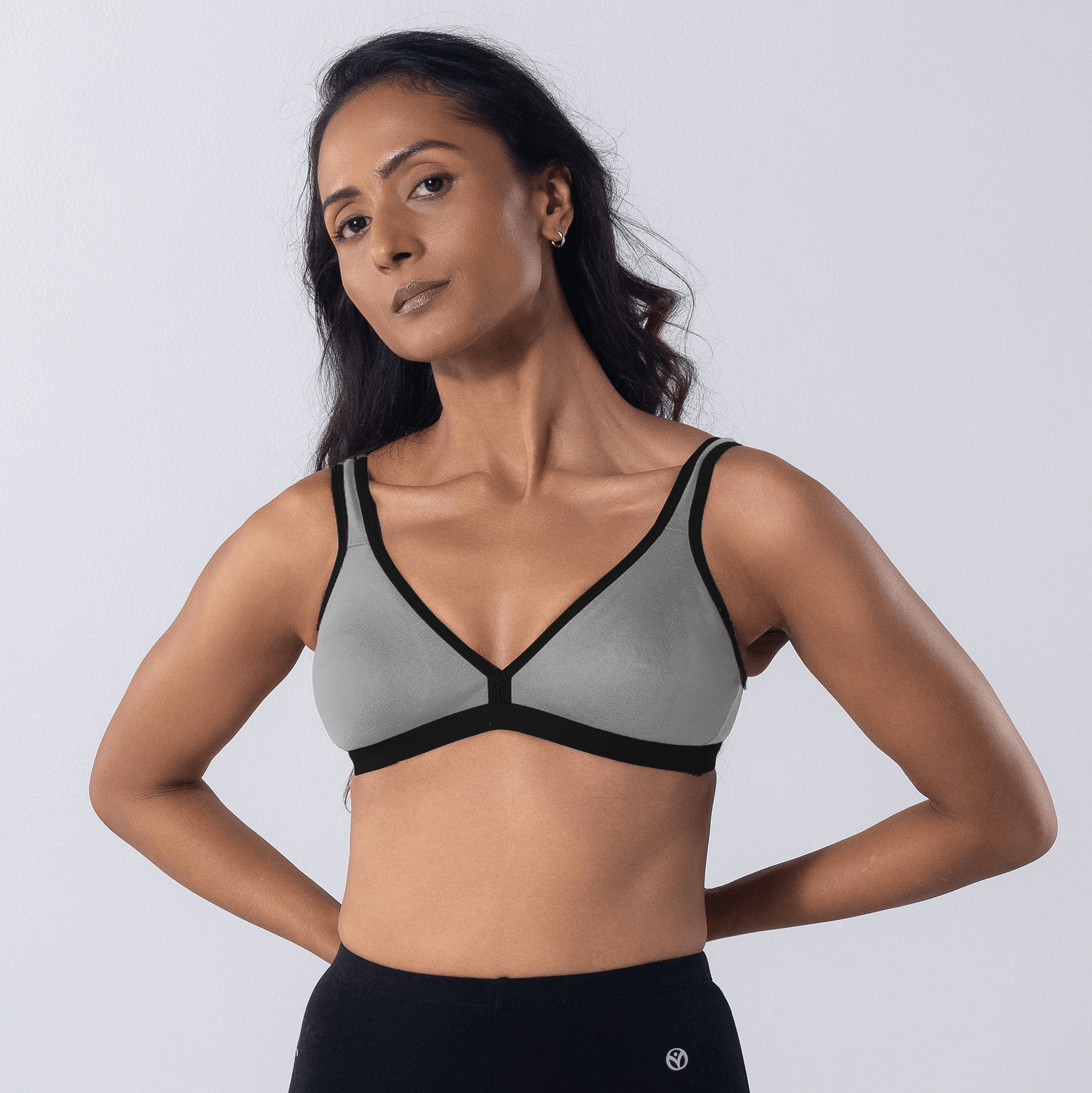 Grace Trendy Bra in Grey Melange, front view worn by model.