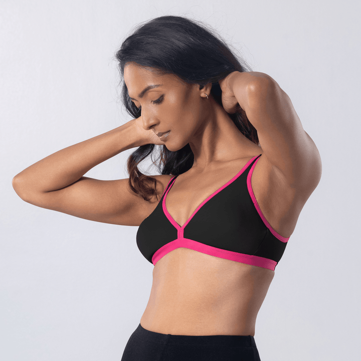 Grace Trendy Bra in Navy, side view worn by model.