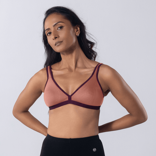 Grace Trendy Bra in Peach, front view worn by model.
