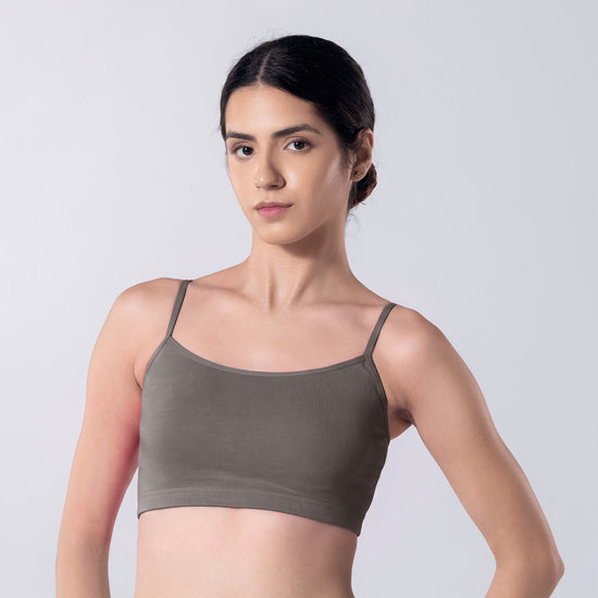 Blush Trendy Top Bra in Grey, front view worn by model.