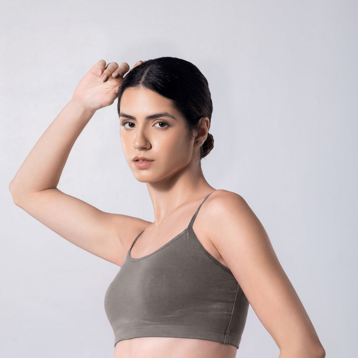 Blush Trendy Top Bra in Grey, side view worn by model.