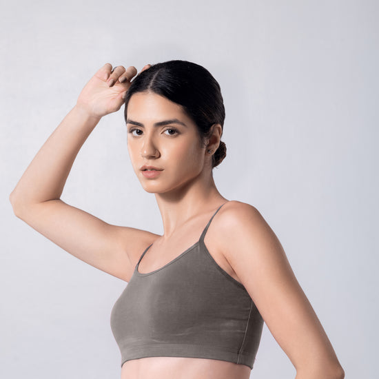Blush Trendy Top Bra in Grey, side view worn by model.