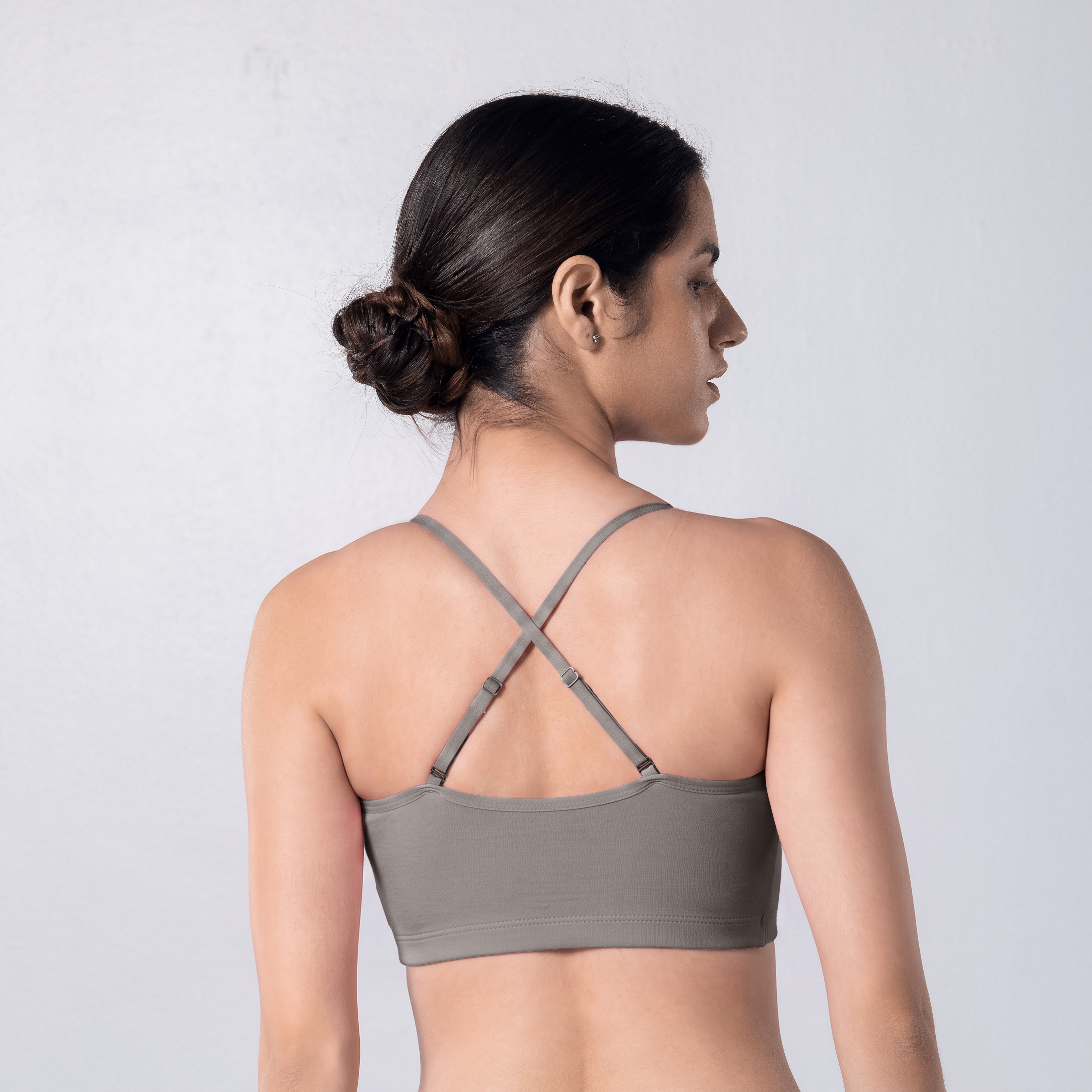 Blush Trendy Top Bra in Grey, X-back view worn by model.