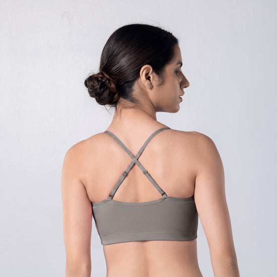 Blush Trendy Top Bra in Grey, X-back view worn by model.