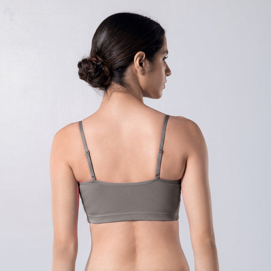 Blush Trendy Top Bra in Grey, U-back view worn by model.