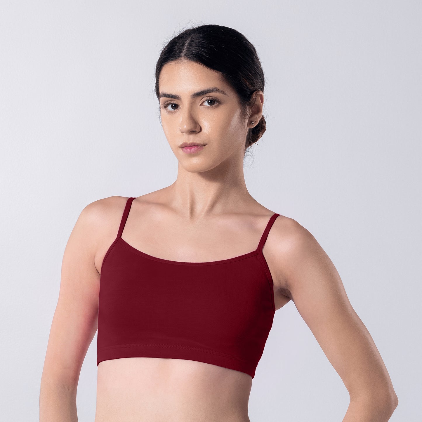 Blush Trendy Top Bra in Maroon, front view worn by model.